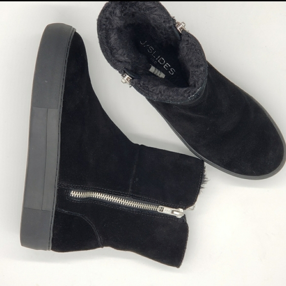J/Slides Trulie Water Resistant Suede Platform Wedge Ankle Bootie with Faux Fur - Picture 3 of 13